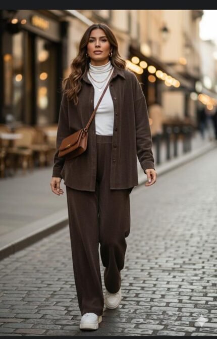 Ribbed velvet suit in brown